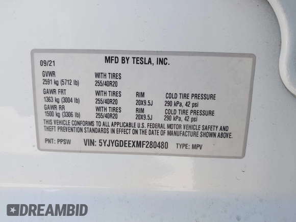 2021 Tesla Model Y Long Range with VIN 5YJYGDEEXMF280480, listed as a IAAI auction lot 41993633 with 69,579 mi miles. Bid and sale history available at carsss.com. Image 9.