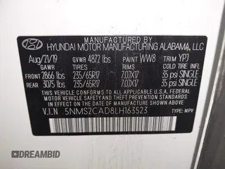 2020 Hyundai Santa Fe SE with VIN 5NMS2CAD8LH163523, listed as a IAAI auction lot 42123756 with 72,992 mi miles and . Bid and sale history available at DreamBid. Image 9.