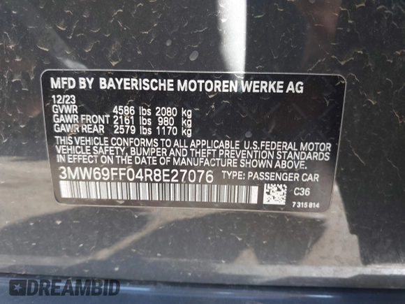 2024 BMW 3 Series 330i with VIN 3MW69FF04R8E27076, listed as a IAAI auction lot 41669381 with 12,057 mi miles. Bid and sale history available at carsss.com. Image 9.