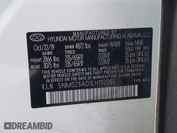 2020 Hyundai Santa Fe SE with VIN 5NMS23AD1LH192085, listed as a IAAI auction lot 42455451 with 50,517 mi miles and . Bid and sale history available at DreamBid. Image 9.