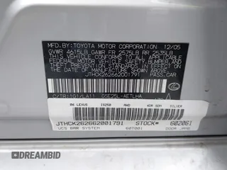 2006 Lexus IS 250 with VIN JTHCK262662001791, listed as a IAAI auction lot 42115411 with 158,821 mi miles and . Bid and sale history available at DreamBid. Image 9.