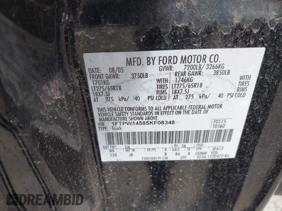 2005 Ford F-150 XLT with VIN 1FTPW14585KF08348, listed as a IAAI auction lot 42766741 with Not provided miles and . Bid and sale history available at DreamBid. Image 9.