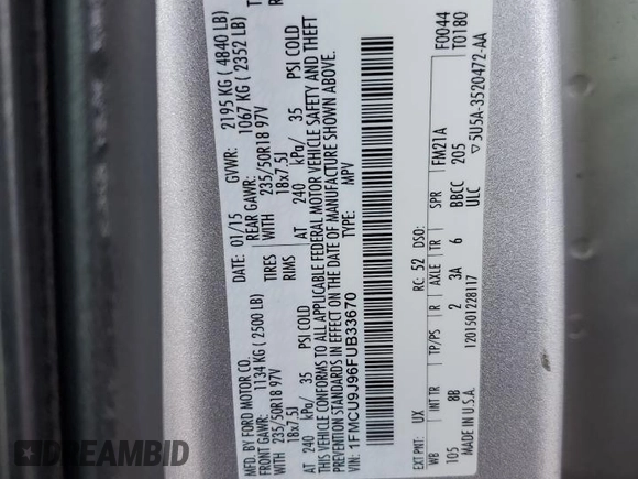 2015 Ford Escape Titanium with VIN 1FMCU9J96FUB33670, listed as a Copart auction lot 61826915 with 179,794 mi miles and Salvage title. Bid and sale history available at DreamBid. Image 13.