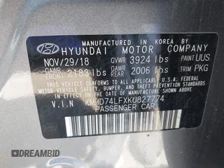 2019 Hyundai Elantra SE with VIN KMHD74LFXKU827774, listed as a IAAI auction lot 41966329 with 117,139 mi miles and . Bid and sale history available at DreamBid. Image 9.