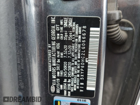 2020 Kia Telluride S with VIN 5XYP6DHC2LG066678, listed as a Copart auction lot 50973265 with 109,814 mi miles and Salvage title. Bid and sale history available at DreamBid. Image 14.