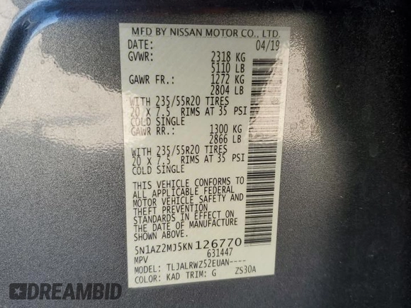 2019 Nissan Murano SL z VIN 5N1AZ2MJ5KN126770, wystawiony jako Copart lot #49575285 z przebiegiem 114 143 mil mil oraz Szkoda całkowita • Salvage title. Historia ofert i sprzedaży dostępna na DreamBid. Obrazek 14.