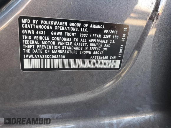 2019 Volkswagen Passat 2.0T Wolfsburg Edition with VIN 1VWLA7A33KC003338, listed as a Copart auction lot 46717605 with 51,313 mi miles and Salvage Title. Bid and sale history available at carsss.com. Image 12.
