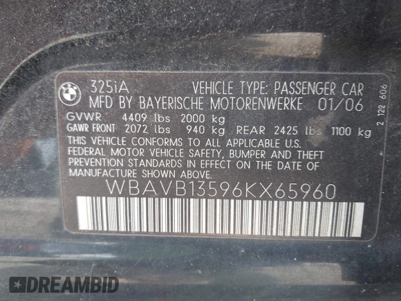 2006 BMW 3 Series 325i with VIN WBAVB13596KX65960, listed as a IAAI auction lot 42460430 with 331,860 mi miles and . Bid and sale history available at DreamBid. Image 9.