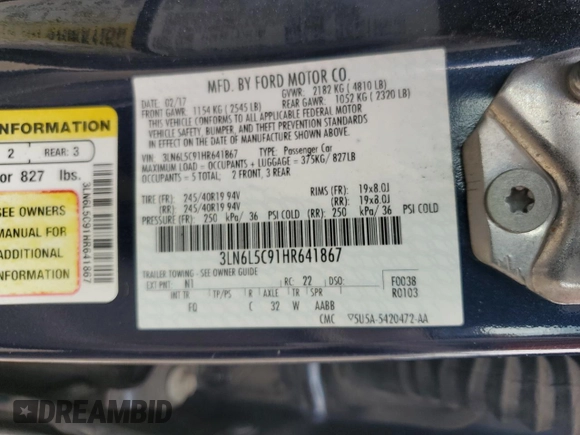 2017 Lincoln MKZ Select with VIN 3LN6L5C91HR641867, listed as a Copart auction lot 59538595 with 55,865 mi miles and Salvage title. Bid and sale history available at DreamBid. Image 12.
