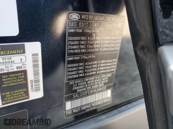 2017 Land Rover Range Rover z VIN SALGS5FE6HA346433, wystawiony jako Copart lot #59935885 z przebiegiem 82 931 mil mil oraz Szkoda całkowita • Salvage title. Historia ofert i sprzedaży dostępna na DreamBid. Obrazek 13.