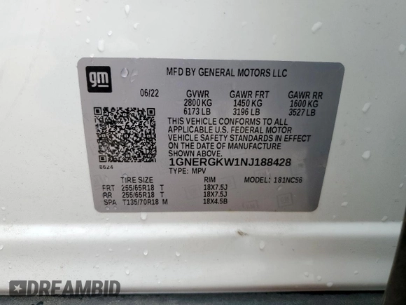 2022 Chevrolet Traverse LT Cloth z VIN 1GNERGKW1NJ188428, wystawiony jako Copart lot #60849315 z przebiegiem 24 246 mil mil oraz Szkoda całkowita • Salvage title. Historia ofert i sprzedaży dostępna na DreamBid. Obrazek 13.