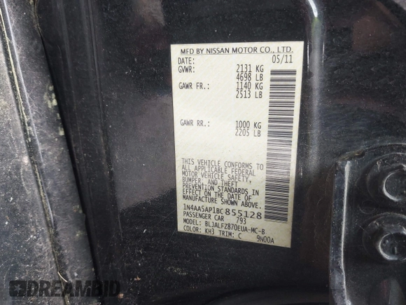 2011 Nissan Maxima SV z VIN 1N4AA5AP1BC855128, wystawiony jako IAAI lot #42372161 z przebiegiem 189 514 mil mil oraz . Historia ofert i sprzedaży dostępna na DreamBid. Obrazek 9.
