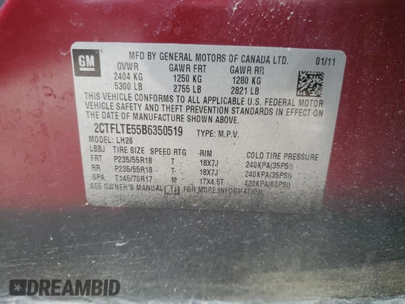 2011 GMC Terrain SLE-2 with VIN 2CTFLTE55B6350519, listed as a Copart auction lot 50501645 with 188,601 mi miles and Salvage Title. Bid and sale history available at carsss.com. Image 13.
