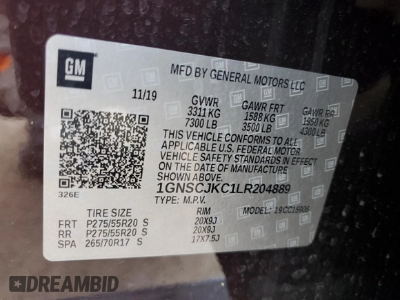 2020 Chevrolet Suburban Premier with VIN 1GNSCJKC1LR204889, listed as a Copart auction lot 74912994 with 48,046 mi miles and Non repairable. Bid and sale history available at DreamBid. Image 14.