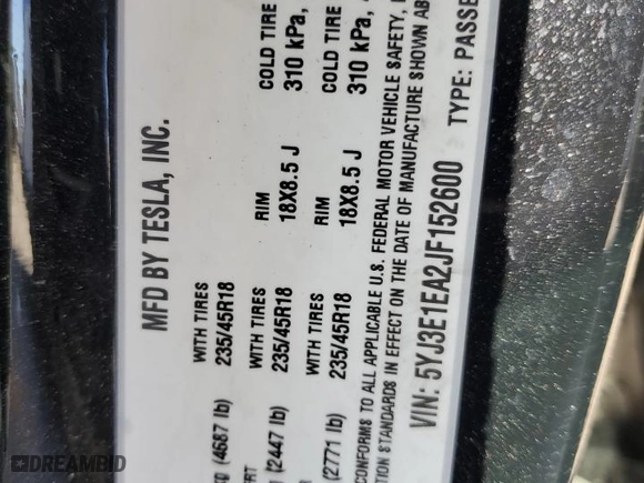 2018 Tesla Model 3 Long Range Battery with VIN 5YJ3E1EA2JF152600, listed as a Copart auction lot 49958495 with 86,624 mi miles and Salvage Title. Bid and sale history available at carsss.com. Image 12.