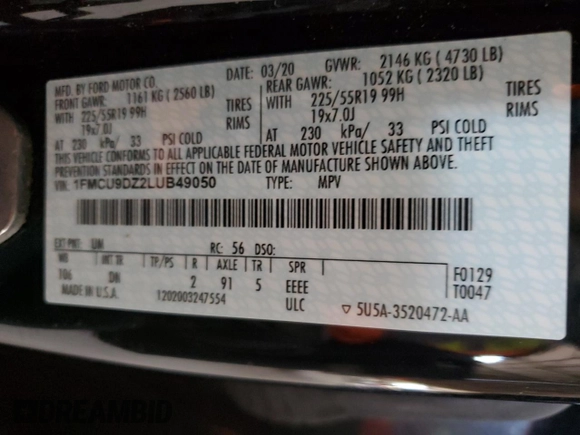 2020 Ford Escape Titanium Hybrid z VIN 1FMCU9DZ2LUB49050, wystawiony jako Copart lot #42517525 z przebiegiem 66 890 mil mil oraz Szkoda całkowita • Salvage title. Historia ofert i sprzedaży dostępna na DreamBid. Obrazek 13.