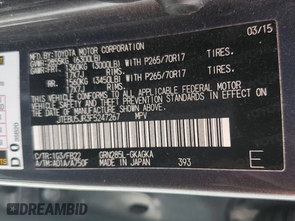 2015 Toyota 4Runner Limited with VIN JTEBU5JR3F5247267, listed as a Copart auction lot 54771255 with 149,315 mi miles and Salvage Title. Bid and sale history available at DreamBid. Image 13.