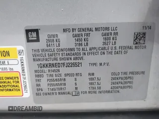 2015 GMC Acadia SLE with VIN 1GKKRNED7FJ226521, listed as a IAAI auction lot 41647712 with 137,554 mi miles and . Bid and sale history available at DreamBid. Image 9.