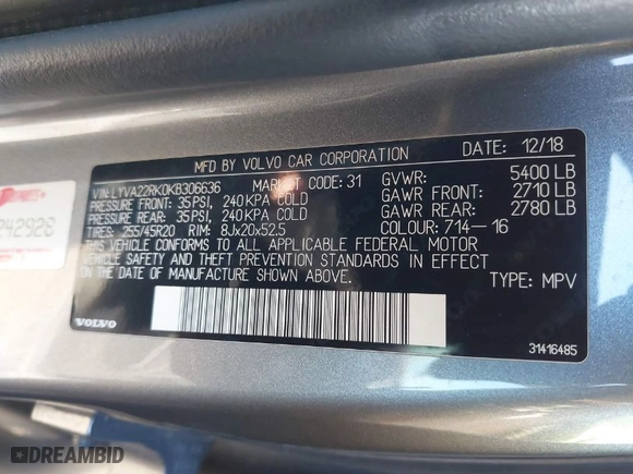 2019 Volvo XC60 Momentum with VIN LYVA22RK0KB306636, listed as a IAAI auction lot 41539565 with 66,610 mi miles. Bid and sale history available at carsss.com. Image 9.