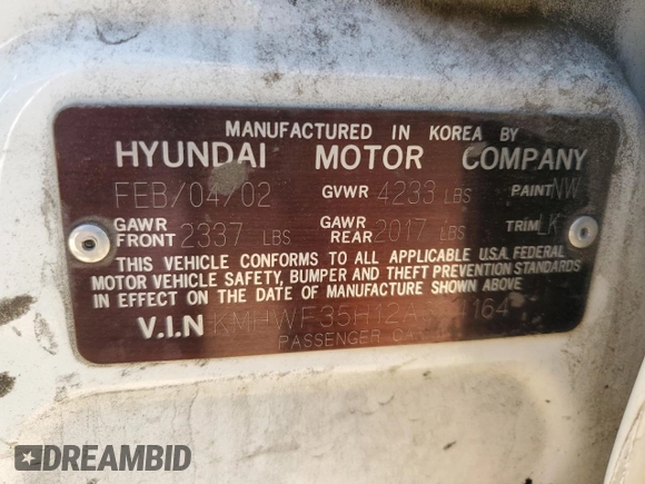 2002 Hyundai Sonata GLS with VIN KMHWF35H12A624164, listed as a Copart auction lot 72606564 with 89,040 mi miles and Non Repairable. Bid and sale history available at carsss.com. Image 12.