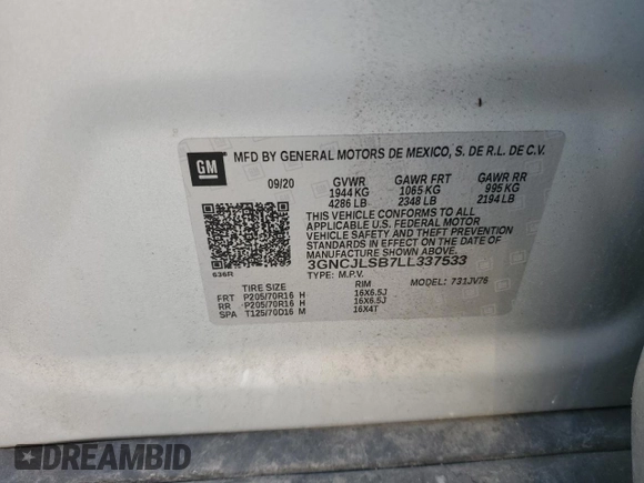 2020 Chevrolet Trax LT z VIN 3GNCJLSB7LL337533, wystawiony jako Copart lot #58937595 z przebiegiem 18 622 mil mil oraz Szkoda całkowita • Salvage title. Historia ofert i sprzedaży dostępna na DreamBid. Obrazek 13.