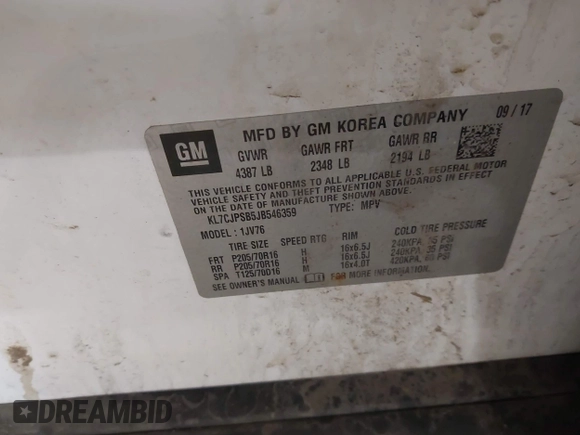 2018 Chevrolet Trax LT with VIN KL7CJPSB5JB546359, listed as a IAAI auction lot 41902129 with 66,498 mi miles. Bid and sale history available at carsss.com. Image 9.