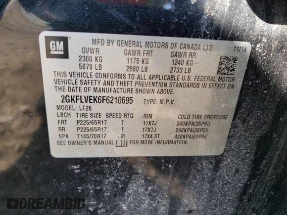 2015 GMC Terrain SLE with VIN 2GKFLVEK6F6210695, listed as a Copart auction lot 48562805 with 106,503 mi miles and Salvage Title. Bid and sale history available at DreamBid. Image 13.