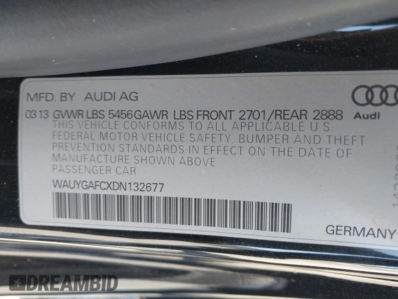 2013 Audi A7 Premium Plus with VIN WAUYGAFCXDN132677, listed as a IAAI auction lot 42630446 with 132,398 mi miles and . Bid and sale history available at DreamBid. Image 9.