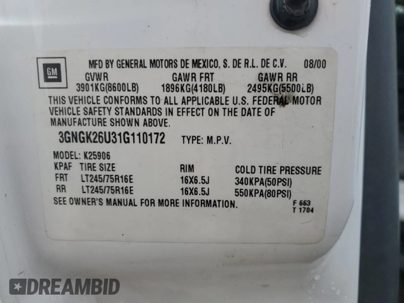 2001 Chevrolet Suburban LS with VIN 3GNGK26U31G110172, listed as a Copart auction lot 87319114 with 131,035 mi miles and Salvage Title. Bid and sale history available at carsss.com. Image 13.
