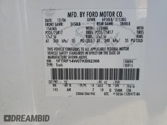 2007 Ford F-150 XL with VIN 1FTRF14W07KB92366, listed as a Copart auction lot 53765195 with 1,499,265 mi miles and Clean title. Bid and sale history available at DreamBid. Image 12.
