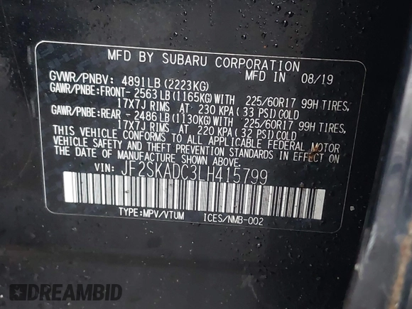 2020 Subaru Forester with VIN JF2SKADC3LH415799, listed as a IAAI auction lot 41948260 with 126,175 mi miles and . Bid and sale history available at DreamBid. Image 9.