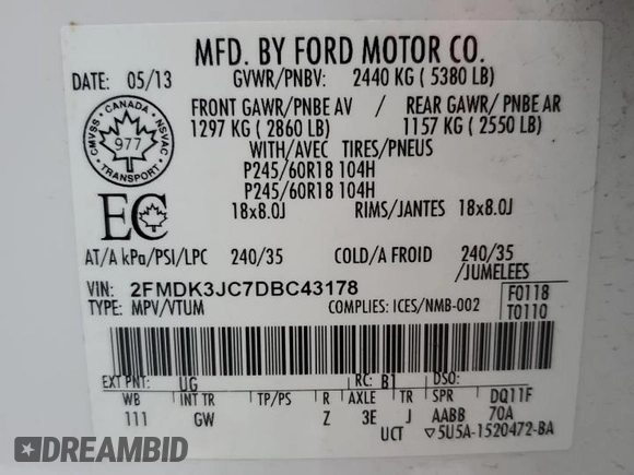 2013 Ford Edge SEL with VIN 2FMDK3JC7DBC43178, listed as a Copart auction lot 87315104 with 178,147 mi miles and Non Repairable. Bid and sale history available at carsss.com. Image 13.
