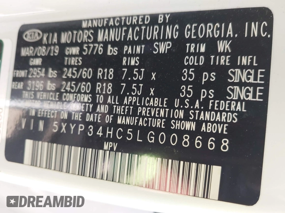 2020 Kia Telluride EX with VIN 5XYP34HC5LG008668, listed as a IAAI auction lot 42063077 with 59,480 mi miles and . Bid and sale history available at DreamBid. Image 9.