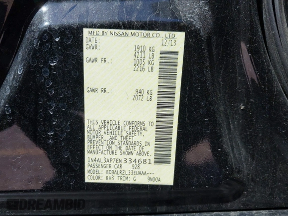 2014 Nissan Altima 2.5 S with VIN 1N4AL3AP7EN334681, listed as a IAAI auction lot 41985733 with 144,544 mi miles. Bid and sale history available at carsss.com. Image 9.