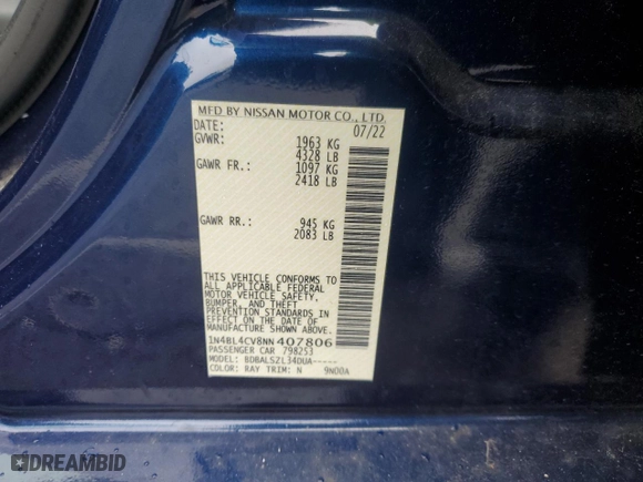 2022 Nissan Altima 2.5 SR with VIN 1N4BL4CV8NN407806, listed as a Copart auction lot 47472645 with 38,305 mi miles and Salvage Title. Bid and sale history available at carsss.com. Image 12.