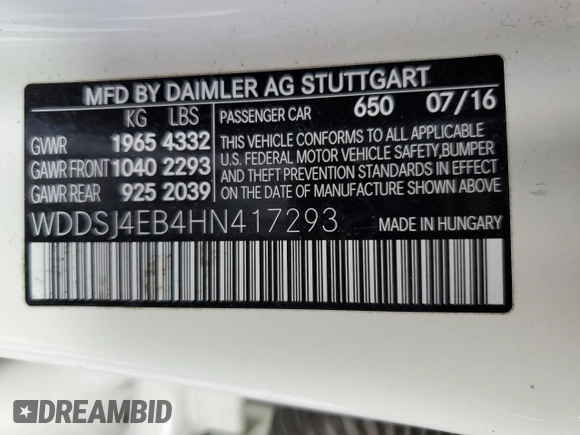 2017 Mercedes-Benz CLA 250 with VIN WDDSJ4EB4HN417293, listed as a Copart auction lot 63854323 with Not Provided miles and . Bid and sale history available at DreamBid. Image 12.