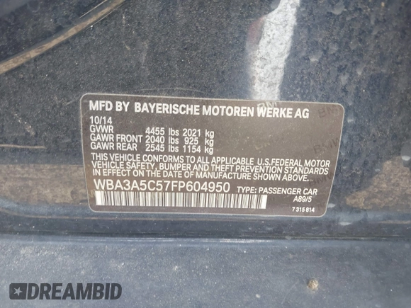 2015 BMW 3 Series 328i with VIN WBA3A5C57FP604950, listed as a IAAI auction lot 42106258 with 86,552 mi miles and . Bid and sale history available at DreamBid. Image 9.