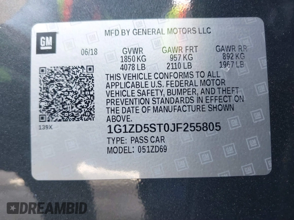 2018 Chevrolet Malibu LT with VIN 1G1ZD5ST0JF255805, listed as a IAAI auction lot 40195609 with 76,379 mi miles. Bid and sale history available at carsss.com. Image 9.
