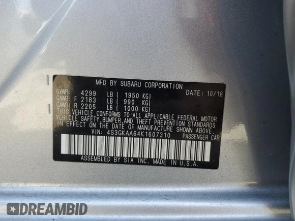 2019 Subaru Impreza с VIN 4S3GKAA64K1607310, выставлен на аукционе Copart как лот 53848815 с пробегом 50 536 миль миль и Списание • Salvage title. История ставок и продаж доступна на DreamBid. Изображение 12.
