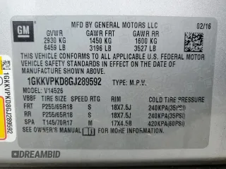 2016 GMC Acadia SLE z VIN 1GKKVPKD8GJ289592, wystawiony jako Copart lot #59036195 z przebiegiem 140 611 mil mil oraz Czysty tytuł • Clean title. Historia ofert i sprzedaży dostępna na DreamBid. Obrazek 13.