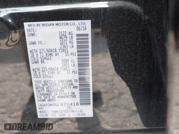 2016 Nissan Rogue SL with VIN 5N1AT2MV8GC870418, listed as a IAAI auction lot 42005368 with 61,063 mi miles and . Bid and sale history available at DreamBid. Image 9.