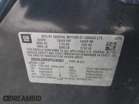 2015 GMC Terrain Denali with VIN 2GKALUEK9F6249981, listed as a IAAI auction lot 41716378 with 153,878 mi miles. Bid and sale history available at carsss.com. Image 9.