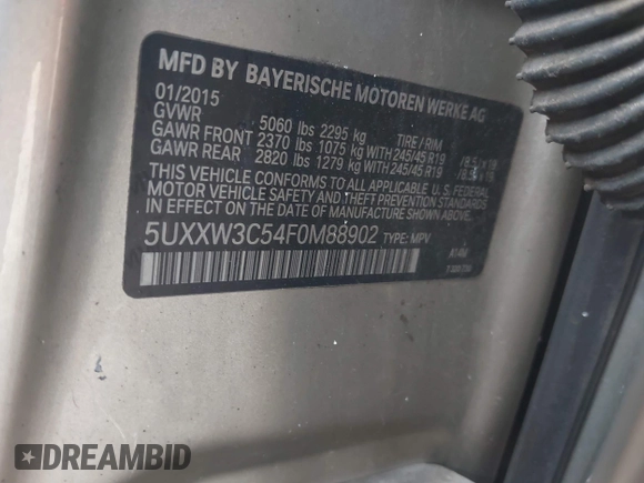 2015 BMW X4 xDrive28i with VIN 5UXXW3C54F0M88902, listed as a IAAI auction lot 42037787 with Not provided miles and . Bid and sale history available at DreamBid. Image 9.