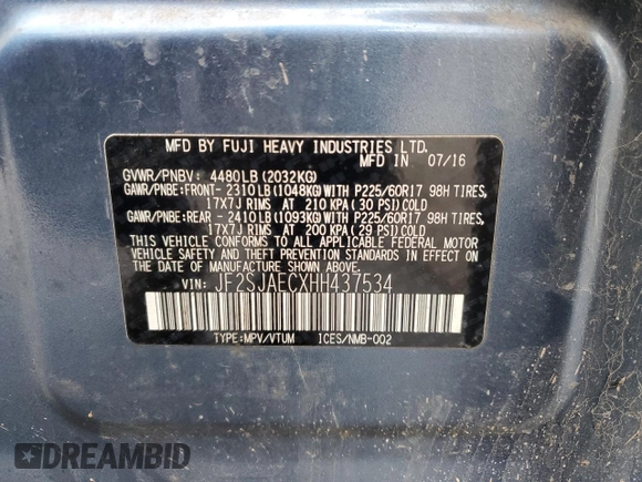 2017 Subaru Forester Premium with VIN JF2SJAECXHH437534, listed as a Copart auction lot 49152633 with 71,824 mi miles. Bid and sale history available at carsss.com. Image 12.