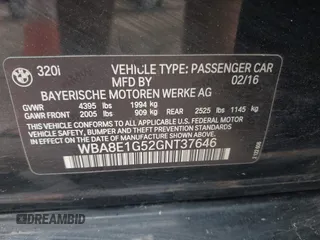 2016 BMW 3 Series 320i with VIN WBA8E1G52GNT37646, listed as a IAAI auction lot 41739297 with 79,186 mi miles and . Bid and sale history available at carsss.com. Image 9.