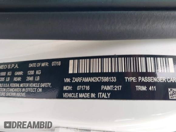 2019 Alfa Romeo Giulia z VIN ZARFAMAN2K7598133, wystawiony jako IAAI lot #39854467 z przebiegiem 126 766 mil mil oraz . Historia ofert i sprzedaży dostępna na DreamBid. Obrazek 9.