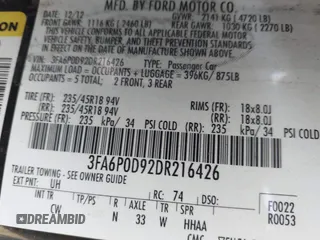 2013 Ford Fusion Titanium with VIN 3FA6P0D92DR216426, listed as a IAAI auction lot 42087273 with 205,805 mi miles. Bid and sale history available at carsss.com. Image 9.