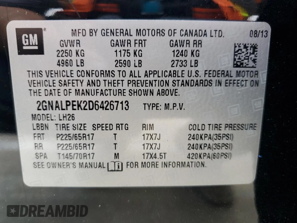 2013 Chevrolet Equinox LT z VIN 2GNALPEK2D6426713, wystawiony jako Copart lot #55976745 z przebiegiem 131 860 mil mil oraz Szkoda całkowita • Salvage title. Historia ofert i sprzedaży dostępna na DreamBid. Obrazek 13.