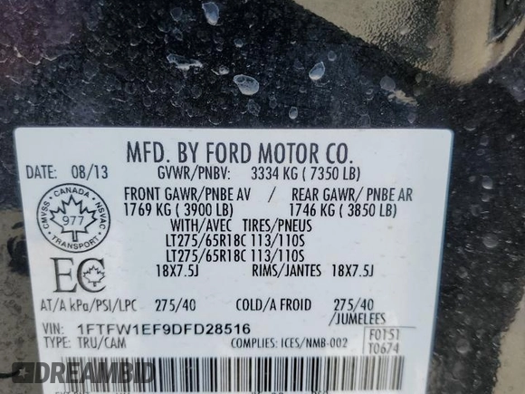 2013 Ford F-150 XL with VIN 1FTFW1EF9DFD28516, listed as a Copart auction lot 55340734 with 278,573 mi miles and Salvage Title. Bid and sale history available at carsss.com. Image 12.