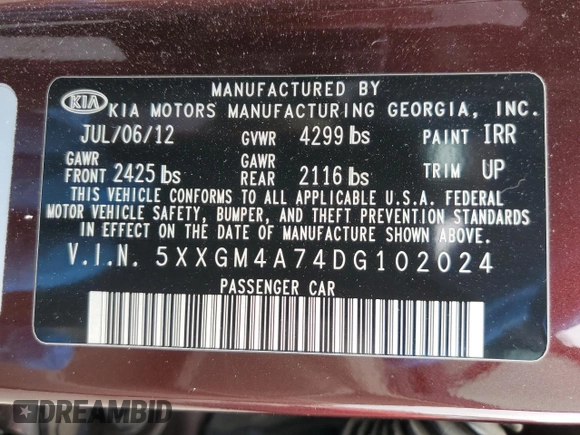 2013 Kia Optima LX z VIN 5XXGM4A74DG102024, wystawiony jako Copart lot #58264275 z przebiegiem 128 594 mil mil oraz Szkoda całkowita • Salvage title. Historia ofert i sprzedaży dostępna na DreamBid. Obrazek 12.